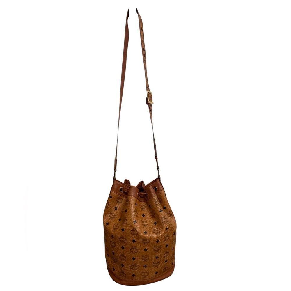 MCM München Cognac Visetos Drawstring Bucket Bag Vintage Leather Trim Crossbody - Picture 2 of 14
